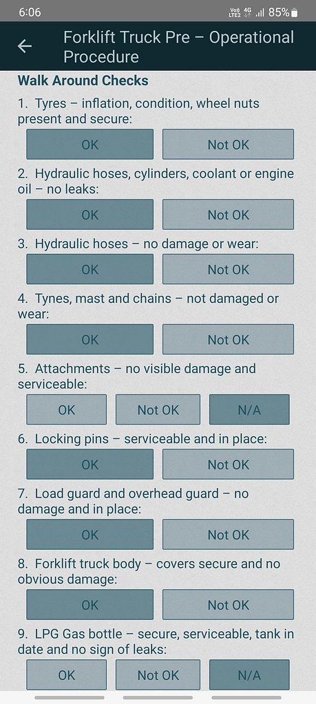 Forklift Pre-start checklists