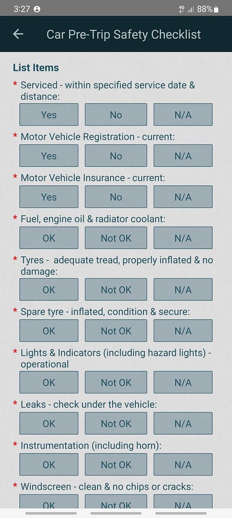 Digital pre-trip car safety inspection checklist