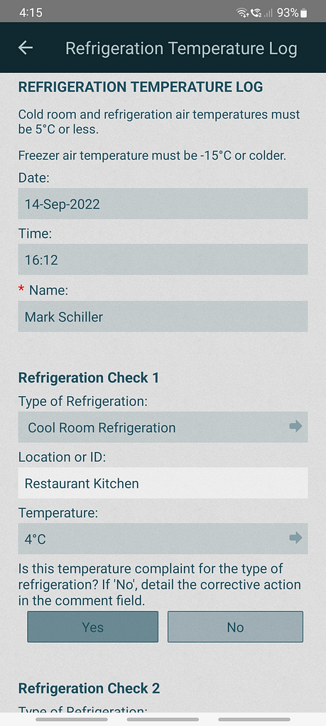 Food Safety Checklist - Refrigeration Temp. Log